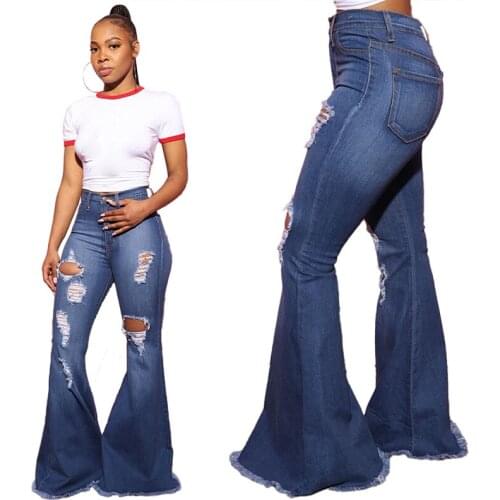 Women Bell Bottom Jeans Sexy Ripped Hole Hollow Out Stretch Skinny Denim Pants Woman Fashion Slim Tassel Flare Jeans Streetwear