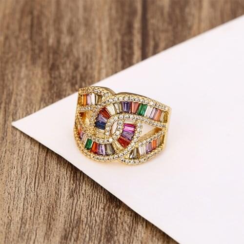 High quality Womens gold cz engagement ring adjustable rainbow ring zircons Multicolored crystal copper ring for women