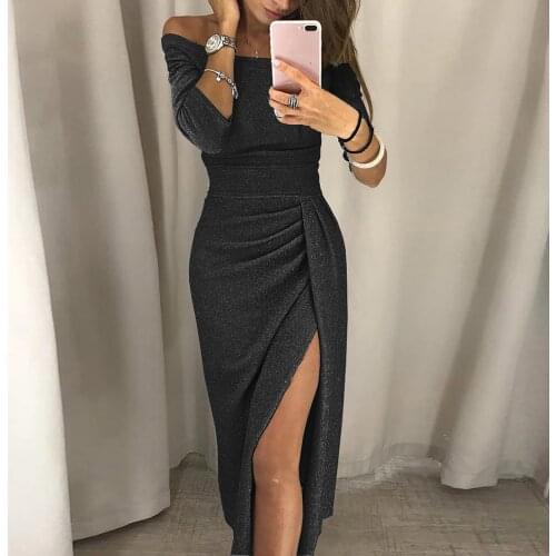 Womens Fashion Sexy Strapless High Slit Tight Dress Long Sleeve Dress Good Quality Vestidos Ladies Dress Clothes Robe Femme