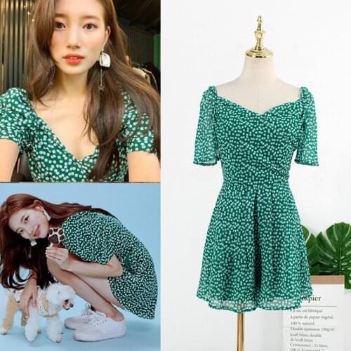 Kpop Seo Yea Ji ROSE Korean loose elegant temperament short sleeved dress women summer Nightclub sexy V-neck mini Floral dresses