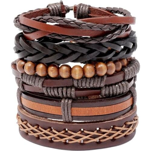 6 pcs/set Vintage Wood Beads Multilayer Leather Bracelet Men Fashion Braided Handmade Rope Wrap Bracelets & Bangles