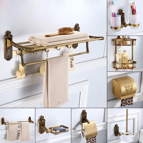Antique Brushed Retro Carved Bathroom Accessories Set Bath Hardware Sets Towel Rack Paper Holder Toilet Brush Holder Soap Dish