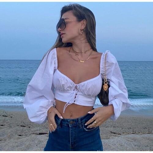 Retro Puff Sleeve White Blouse Women Off Shoulder Crop Tops Sexy Solid Tops and Blouses Female Vintage Shirts Summer Autumn New