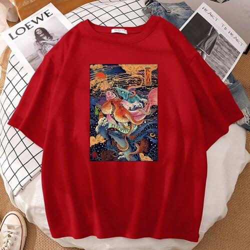 Rlon Wang Japanese Ukiyoe Style Print Women T-Shirt Summer Oversized Clothes Soft Fashion Tee Shirts Cartoon Style Male T Shirts