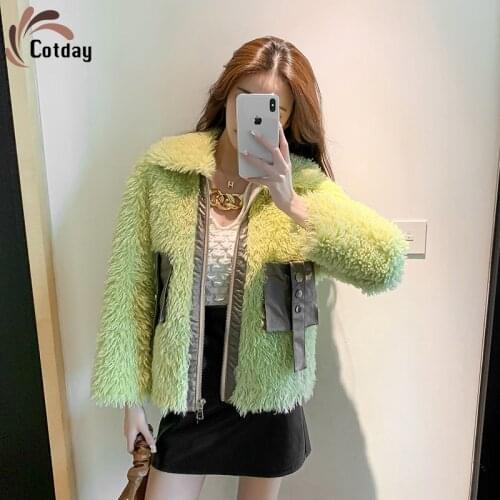 Cotday Net Red Retro Lambswool Double-faced Splicing Coat High Street Fluorescent Yellow Woman Short Stitching Fur Coat Winter