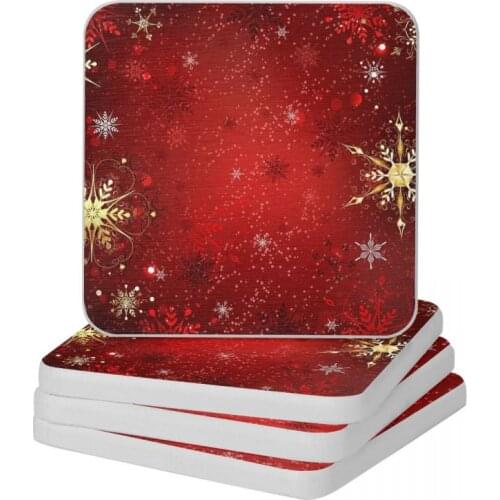 Red Background With Gold Snowflakes Diatomite Square Round Shape Coaster MildewProof Cup Bonsai Mat Soap Pad Diameter 10cm