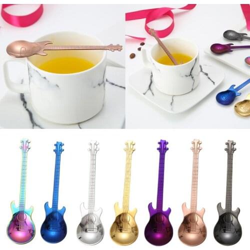 7 Colors Home Stainless Steel Guitar Shape Spoon Spoon Teaspoon Coffee Tea Soup Dessert Tableware Kitchen Dining Bar Tools