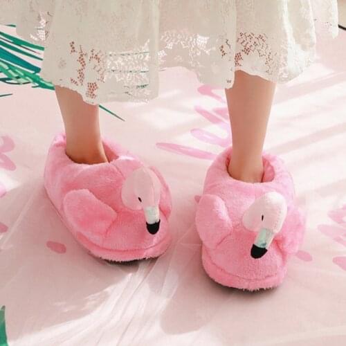 Fashion Flamingo House Women Fur Slippers Winter Warm Plush Grils Bedroom Shoes Cute Cartoon Flamingo Pink Slides Onesize