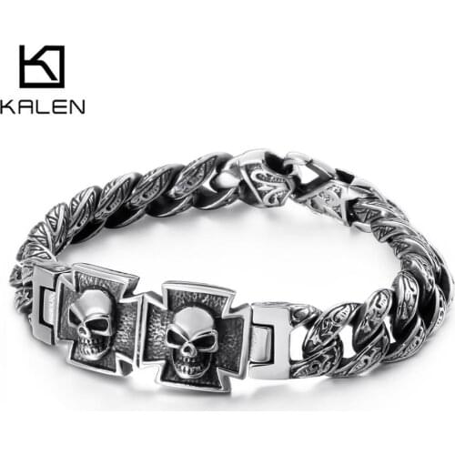 13mm Punk Ghost Head Bracelet Men Male Stainless Steel 316L Curb Link Chain Bracelet