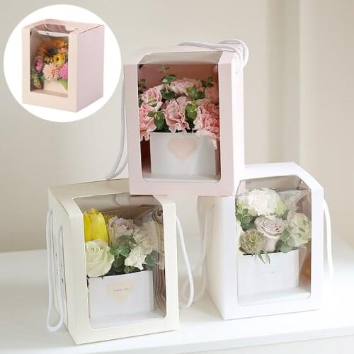 Portable Square Flower Packaging Box With Transparent Window Florist Gift Packing Box Home Party Birthday Cake Portable Gift