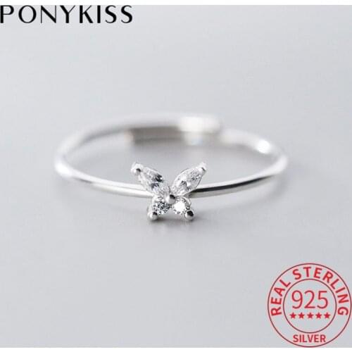 PONYKISS S925 Sterling Silver minimlist butterfly adjustable Ring for Women Fine Jewelry Accessory Girl Party Gift