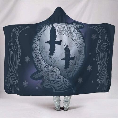 Viking Norse Huginn&Muninn Odins Ravens Hooded Blanket Adult colorful child Sherpa Fleece Wearable Blanket Microfiber Bedding