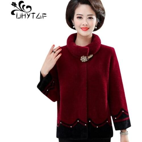 UHYTGF Quality mink cashmere Winter coat wool Women fashion Diamond Cashmere short jacket elegant women 4XL plus size coats 1324