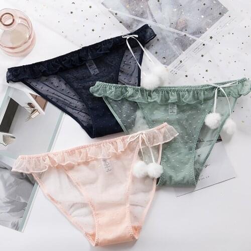 Japanese Cute Girl Panties Gauze Perspective Sexy Low Waist Ice Silk Panties Sexy Starry Elements Candy Color Plush Ball Panties