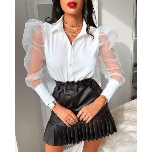 OL Puff Sleeve Women Shirts Office Lady Sexy Mesh See Through Long Sleeve Button Blouse Sheer Turn Down Collar Casual Shirts