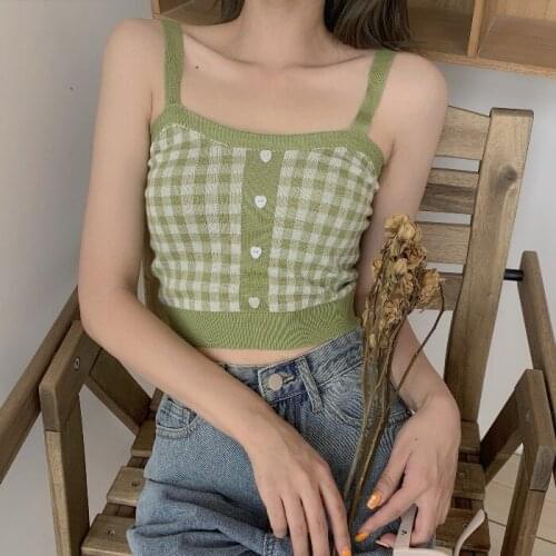 Trend Color Block Button Thin Knitted Women Camisoles Sweet Summer Grils Sleeveless Sling Off Shoulder Tops
