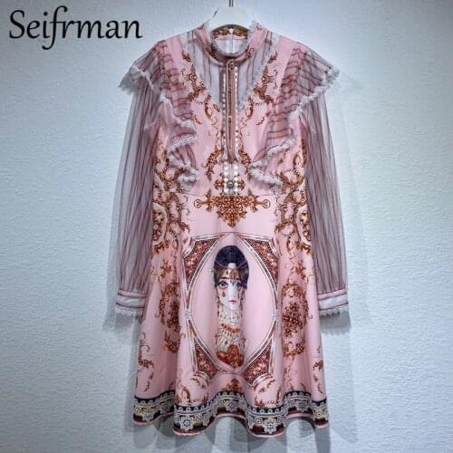 Seifrmann New 2021 Summer Women Fashion Designer Midi Dress Lantern Sleeve Ruffles Lace Vintage Print A-Line Dresses Vestidos