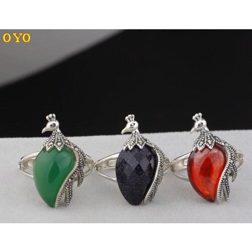 100%s925 pure silver pomegranate red blue sandstone green agate female peacock opening ring
