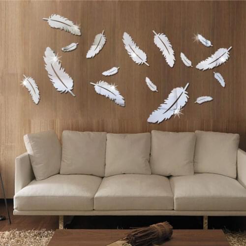 8 pcs/lot Creative Feather Designed 3D Mirror Child Kitchen Home Decor Wall Sticker Adesivo De Parede Vinilos Paredes