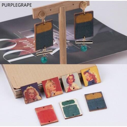 Wooden board DIY earrings accessories hand made material pendant personality temperament retro oil painting 10 pieces