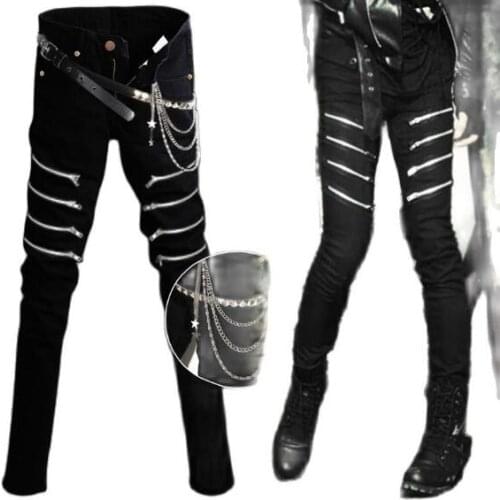 ZWTY Men Black Punk Hip Hop Jeans With Multi Zippers Mens Skinny Jeans Slim Fit Benim Pants Biker Trousers Present Belts Chains