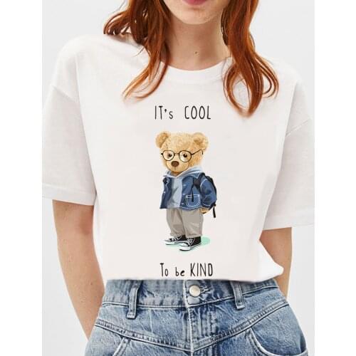 BLINGPAW Graphic T Shirts Cute Teddy Bear Its Cool To Be Kind Letter Print T-shirt White Cotton Unisex Tees Summer Tee Shirts