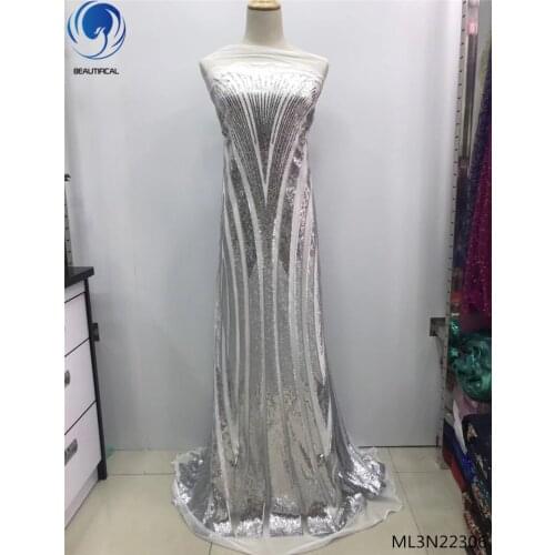 BEAUTIFICAL Silver sequin lace fabric french tulle lace fabrics 2019 New bridal lace fabric wholesale for party dresses ML3N223