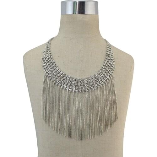 Fashion Multilayer Metal Clear Red Crystal Bell Wide Statement Necklace Long Tassel Stone Necklaces Boho Ethnic Jewelry Women