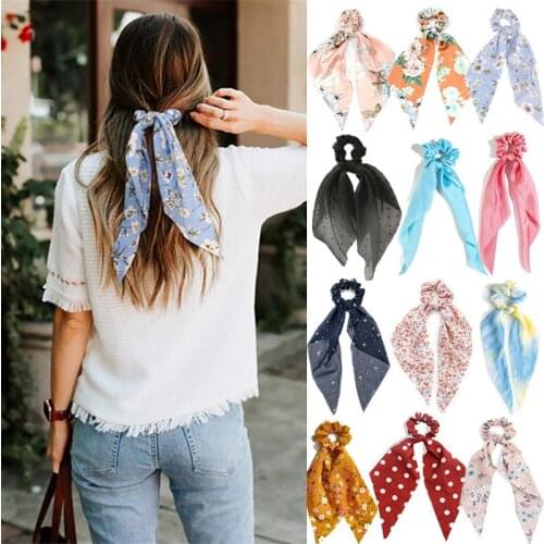Fashion Chiffon Printing Hair Scarf For Women Ponytail Holder Scrunchie Tie Hair Accessories Elegant Elastic Hair Band Headwear