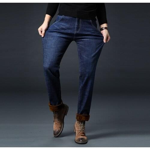 2020 Winter New Mens Warm Fleece Slim Fit Jeans Business Fashion Thicken Denim Trousers Stretch Brand Pants Black Blue