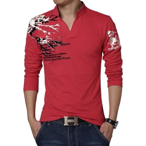 Men V-Neck Casual T-Shirt Cotton T Shirts M-5XL camisetas New Fashion Acacia Person Brand Trend Print Slim Fit Long Sleeve Tees