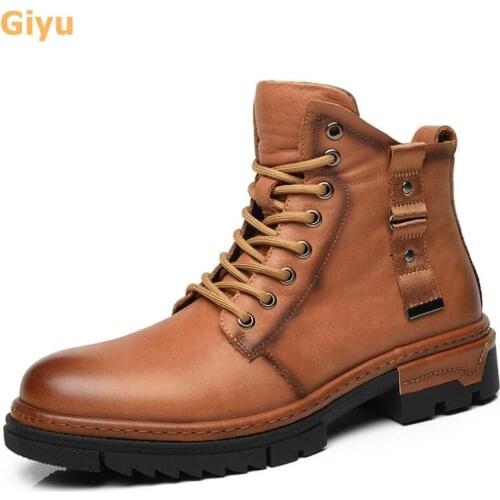 Mens High Tube Genuine Leather Boots Fashion Martin Boots 2020 Autumn Tooling Boots Lace-up Non-Slip Outdoor Hiking Shoes