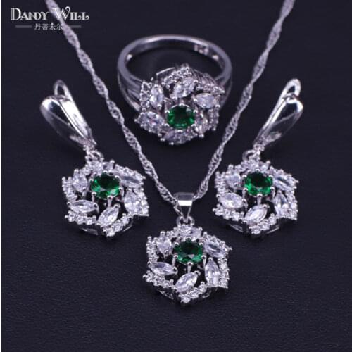 Bridal Jewelry Set Silver Color Set Green Stone White Cubic Zircon Womens Earrings/Pendant/Earrings/Rings Set