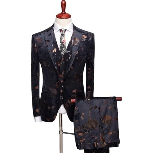 2021 new mens business casual dinner black bottom printing three-piece suit best-selling