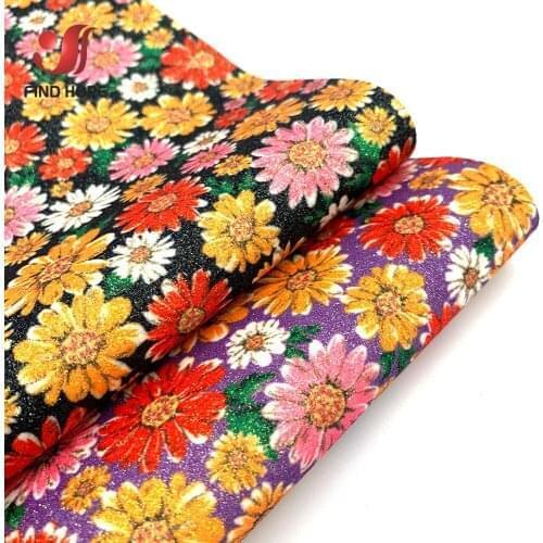 Pastoral Daisy Printed Fine Glitter Leatherette Fabric Sparkle Faux Craft Brooch Hair Bow Accessory Earring Bag Handmade Decor