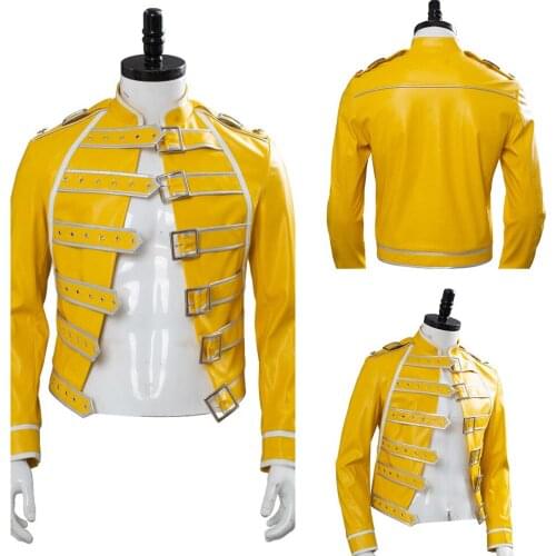 Queen Lead Vocals Freddie Mercury Cosplay Costume Yellow Jacket Adult Men Outfit Coat Cosplay Halloween Carnival Costume