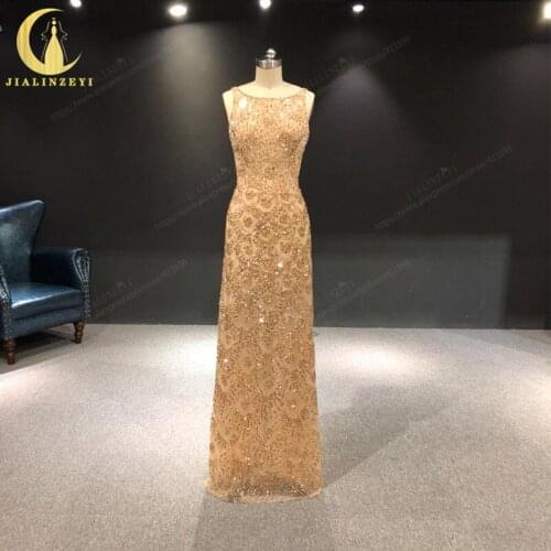 Rhine Real Zuhair Murad Gold Beads Sequins Sheath Open Back vestidos de fiesta Evening Dress Long вечернее платье