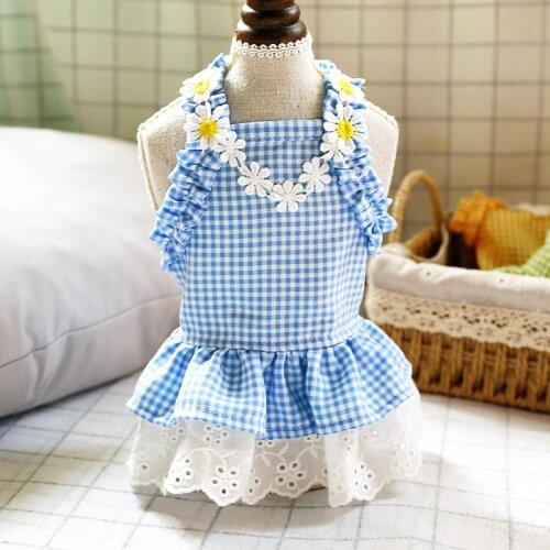 IERKOU Luxury Summer Dog Dress for Small Dogs Blue Grid Sun Lace Dog Skirt Dog Clothes Party Puppy Pet Costume Pets Outfits