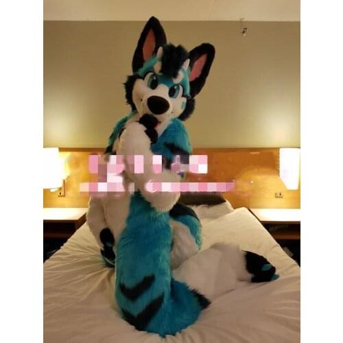 Blue Long Fur Husky Dog Fox Wolf Fursuit Mascot Costume Suit Cosplay Party Game Fancy Dress Adult Size Apparel