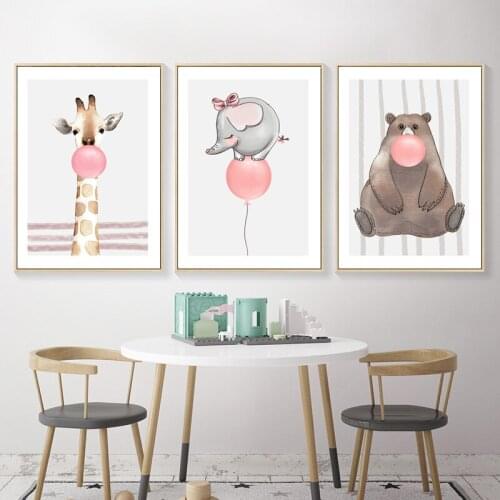 Spray Color Cartoon Animals Bear Rabbit Elephant Giraffe Raccoon Canvas Painting Sofa Wall Picture Poster Living Room Decoration