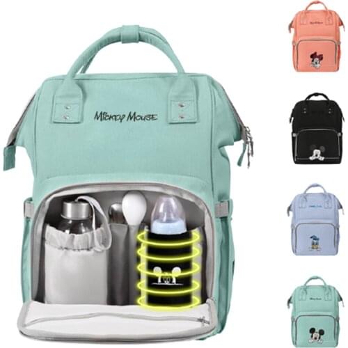 Disney Mickey Minnie Diaper Bag USB Heating Diaper Backpack Large Capacity Oxford Baby Stroller Bag Outdoor Travel Mummy Handbag