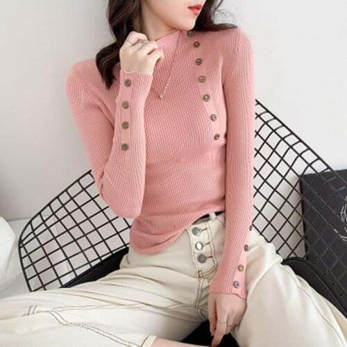 Button Mock Neck Knitted Sweater Women 2021 Fashion Jumper Autumn Winter Pullover Long Sleeve Knitwear Female Streetwear Pink