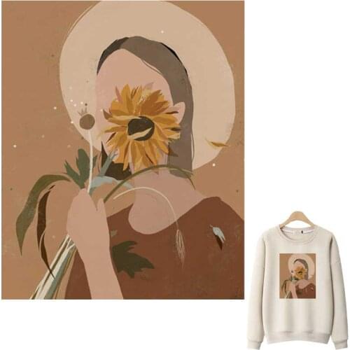 Iron-On Transfers For Clothes Sunflower Girl A-Level Washable Woman T-Shirts Thermoadhesive Patches Small Fresh Clothing Sticker
