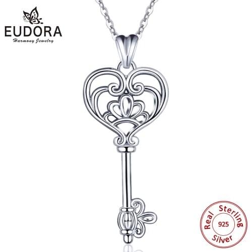 EUDORA new 925 Sterling Silver Happiness Key Pendant Necklace Sterling Silver Jewelry for women teen anniversary party Gift D93