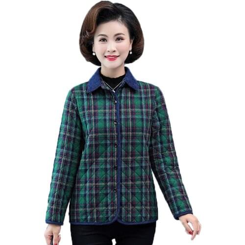 Womens Plaid Jacket Autumn Winter Thin Cotton Check Quilted Coats Middle-aged and Elderly Ladies Plaid Shirt Jacket Tops 5XLW73