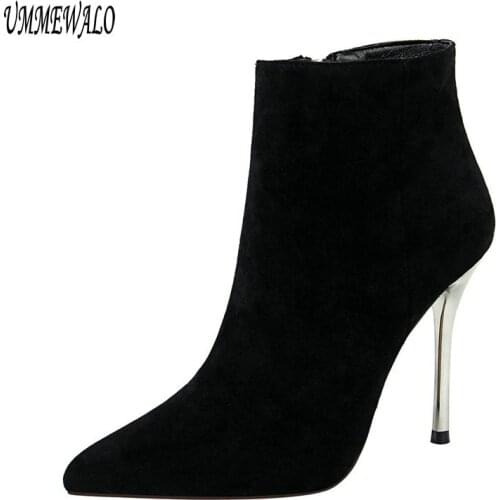 UMMEWALO Ankle Length Flock Boots Women Fashion Pointed Toe Thin Heels High Heel Shoes Winter Ankle Boots Ladies Shoes 8663-1