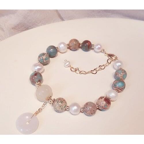 Ethnic Geometric Chalcedony Pendant Vintage Natural Freshwater Pearls Stones Beaded Bracelets for Women Fashion Jewelry YBR522