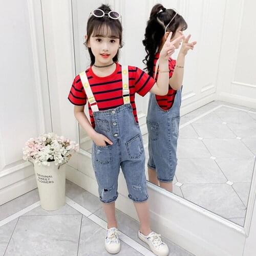 4 5 6 7 8 9 Years Girls Sets Casual Striped Short Sleeve T-shirt Denim Overalls Kids Clothing Summer Big Girls Jumpsuit 2020 New