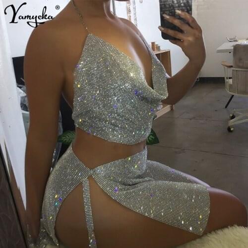 Sexy Gold Silver Metal Crystal Diamonds Summer Dress Women Backless Cut Rhinestone Glitter Night club Two Pieces Sequin Dresses