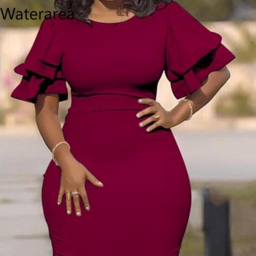 2019 Summer Women O-Neck Short Flare Sleeve Solid Color Bodycon Knee Length Dress Office Lady Dress YF1104